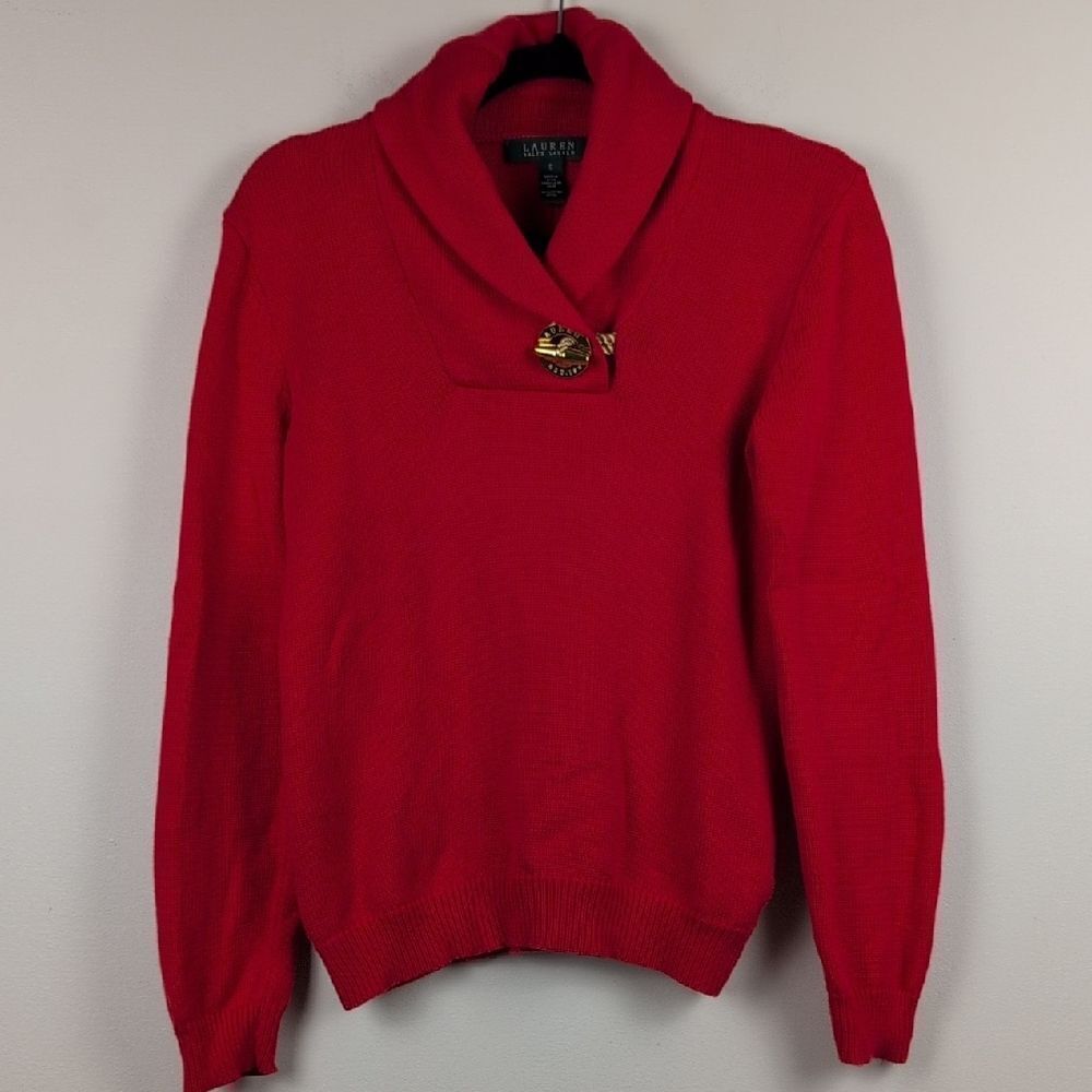 Lauren Ralph Lauren Shawl Collar Gold Toggle Button Long Sleeve Cotton Sweater
